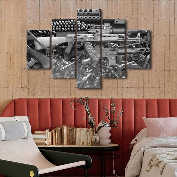 Large Modern Damaged Weapon Gun Black and White Wall Art Home Decor Canvas Painting for Living Room Prints and Poster HD Pictures Office Wall Decoration Stretched and Framed 5 Piece(60" Wx40 H)