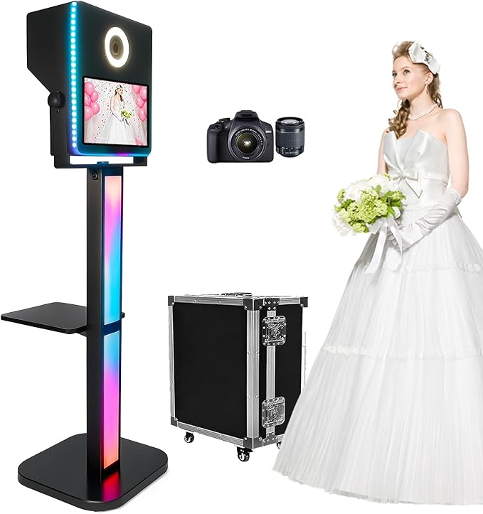 Mirror Photo Booth with Camera, Portable DSLR Photobooth Machine 15.6" Touch Screen Selfie RGB Lights Stand for Events Wedding Birthday School Party (Black Color + Camera)