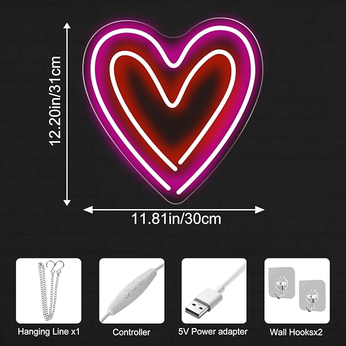 Heart Neon Sign - 5-Level Dimmable USB Pink Neon Signs & Valentine's Day Decor, Ideal for Weddings, Bedrooms, Romantic Nights, Cute Wall Art for Spaces