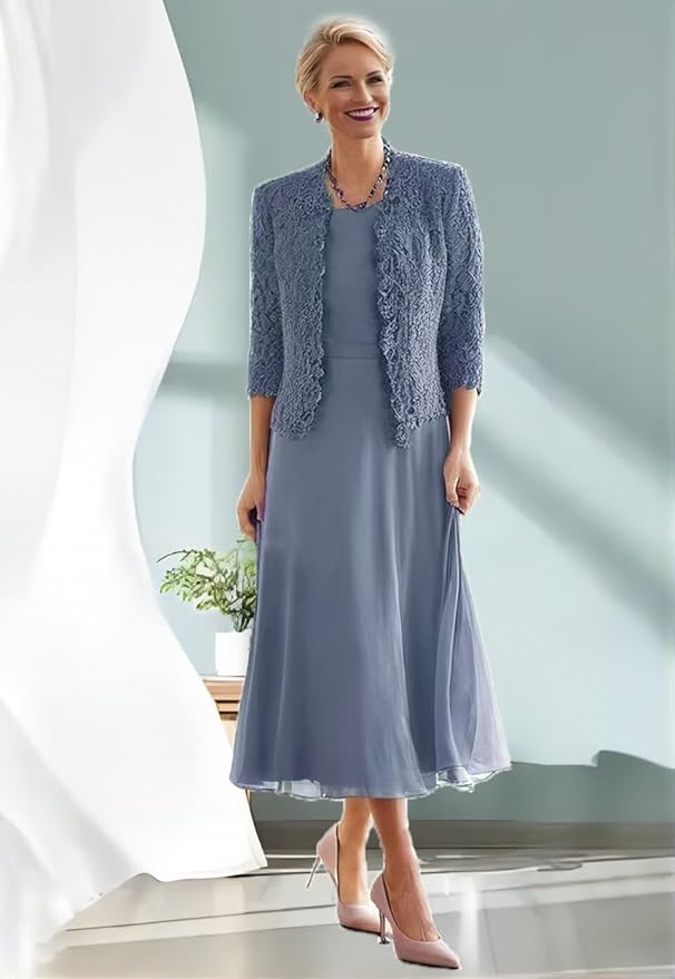 Tea Length Grandmother of The Bride Dresses with Jackets Elegant Laces Mother of Bride Dress for Wedding Guests