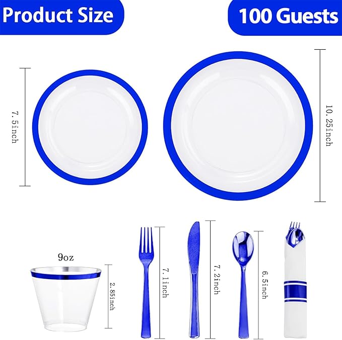 I00000 700 Piece Blue Plastic Dinnerware Set for Party, Clear Disposable Plates for 100 Guests, Include: 100 Dinner Plates, 100 Dessert Plates, 100 Pre Rolled Napkins with Cutlery Set, 100 Cups