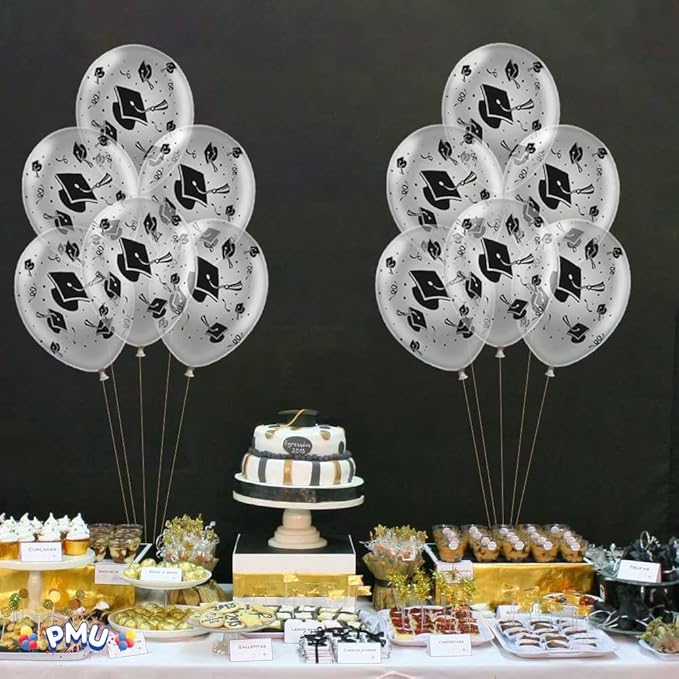 PMU 100 Pcs Clear Graduation Balloons Class of 2025 with All-Over Print White Grad Caps-Confetti and Streamers | Graduation Party Supplies | Congratulations Grad Latex Balloons Latex
