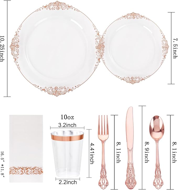 YOUBET 700PCS Rose Gold Plastic Plates - Clear Rose Gold Plastic Dinnerware Set Include 200 Disposable Plate, 300 Heavy Duty Silverware, 100 Cups, 100 Napkins for Wedding & Party & Baby Shower