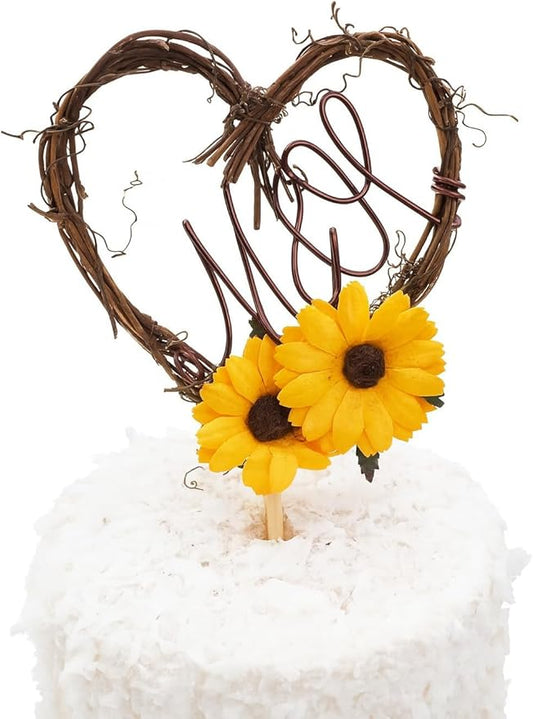 Letter Initials Decorative Cake Topper in Vine and Sunflower Details or Rustic Theme Weddings