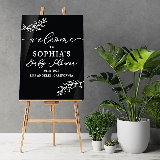 Andaz Press 16X20 Inch Black Acrylic Personalized Baby Shower Welcome Sign, Gender Neutral Large Custom Sign For Easel Stand, Rustic Laurel Leaves Baby Shower Decorations Neutral, Acrylic Welcome Sign