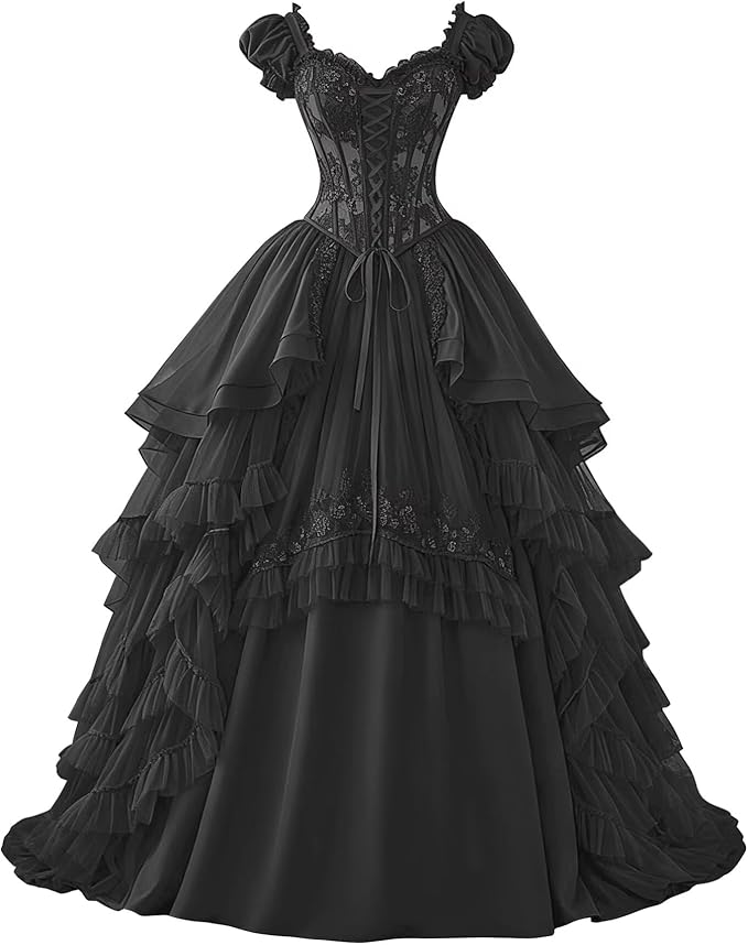 Ftupza Gothic Wedding Dresses Lace Appliques 1800s Victorian Dresses for Women Layered Tulle Prom Dress Long Ball Gown