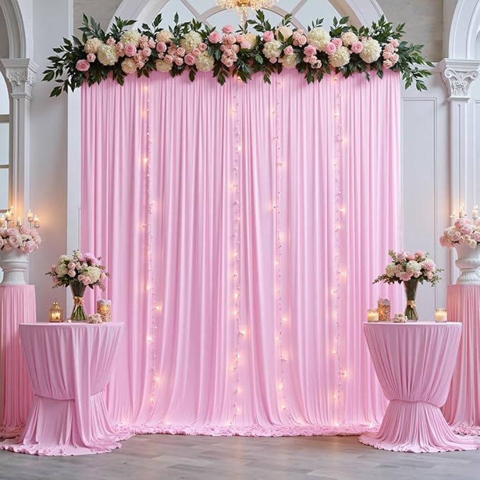 20 ft x 10 ft Wrinkle Free Baby Pink Backdrop Curtain for Parties, 4 Panels 5ftx10ft Polyester Photo Backdrop Drapes for Baby Shower Birthday Party Photography Wedding Backdrop Stand