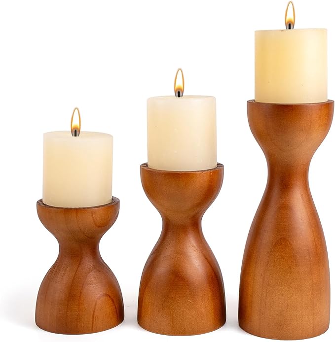 Set of 3 Farmhouse Wooden Candle Holders for Pillar Candles, Brown Rustic Wood Pillar Candle Stands Table Centerpiece Decor for Fireplace, Living, and Dining Room