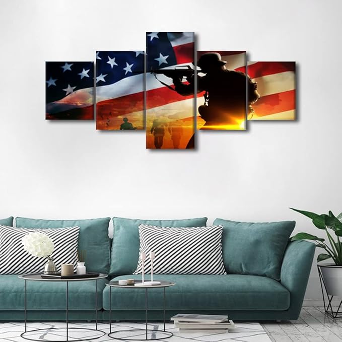 American Flag Wall Art American Soldier with Gun Military Family Canvas Wall Art Canvas Prints Gallery Wrap Modern Home Decor Artwork 5 Panels for Home and Office Framed Ready to Hang 50"Wx24"H