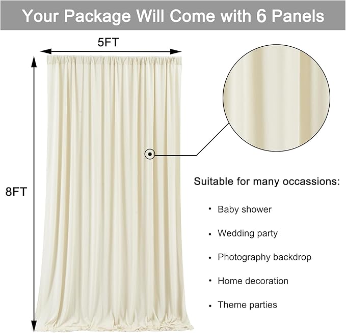 30 ft x 8 ft Ivory Backdrop Curtain Panels, 6 Panels 5 ft x 8 ft Wrinkle Free Polyester Photography Backdrop Drapes, Wedding Party Home Decoration Supplies