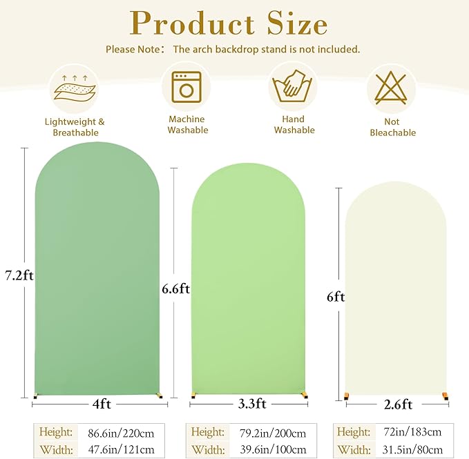 Green Arch Backdrop Cover 3 Set-7.2FT, 6.6FT, 6FT Green Arch Covers Spandex Fitted Wedding Arch Stand Covers for Baby Shower Birthday Party Ceremony Photo Balloon Arch Stand Background Decorations