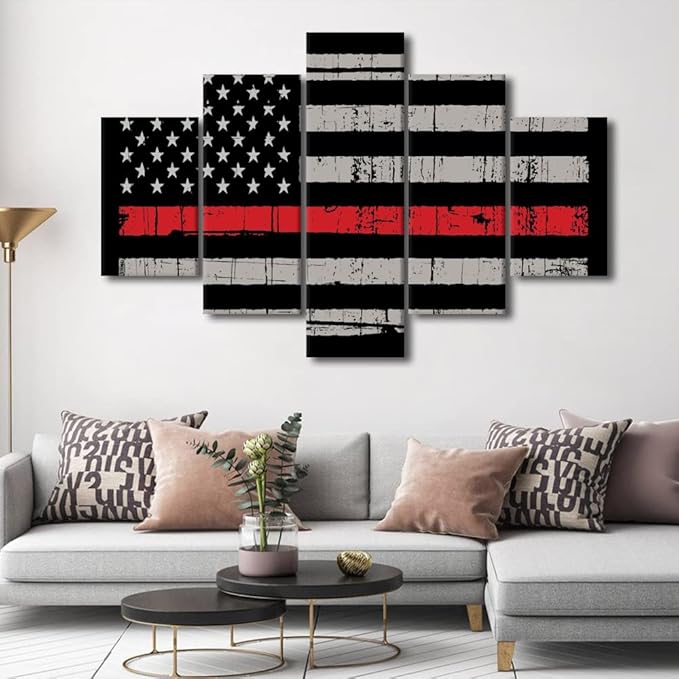 TISHIRON 5 Piece American Flag Wall Art Black and White Graffiti Red Line Painting Prints Artwork Modern Home Decor Canvas Wall Art for Home and Office Wooden Decoration Framed Ready to Hang 60x40 in