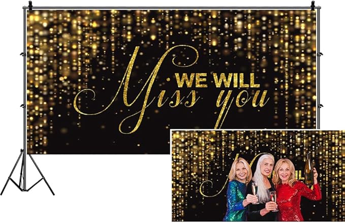 We Will Miss You Backdrop Banner 15x8ft Black Gold Going Away Party Photo Backdrop Background Men Women Goodbye Office Work Congrats Retirement Farewell Anniversary Graduation Party Decors