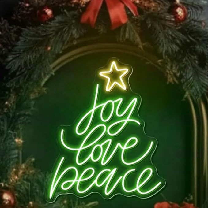 Joy Love Peace Christmas Tree Neon Sign: Christmas Tree Led Sign Holiday Wall Decor Size:16 x 13inches