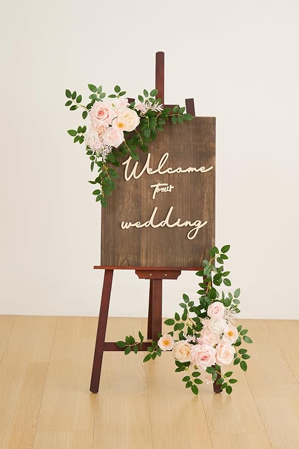 2pcs Champagne & Pink Deluxe Welcome Sign Artificial Flowers Wedding Backdrop Garland Hanging Floral Arrangements for Ceremony Reception Entryway Board Sweetheart Table