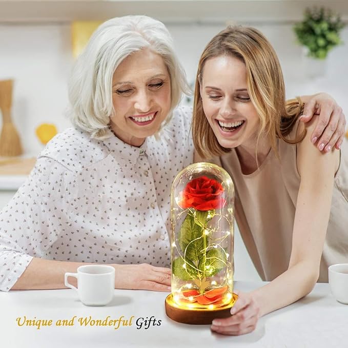 Valentines Day Gifts for Her,Beauty and The Beast Rose in Glass Dome,Lasts Forever Red Rose with LED Lights,Gifts for Women,Mom,Wife,Anniversary,Birthday, Wedding Home Decor