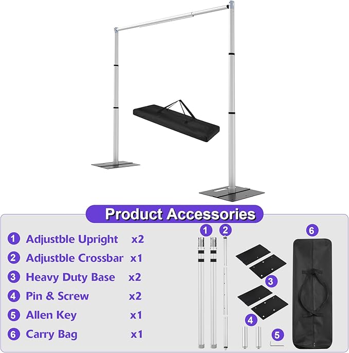 Backdrop Stand Heavy Duty 8x10Ft, Adjustable Metal Frame Pipe and Drape,Background Stand for Wedding Birthday Party Decorations (8x10Ft)