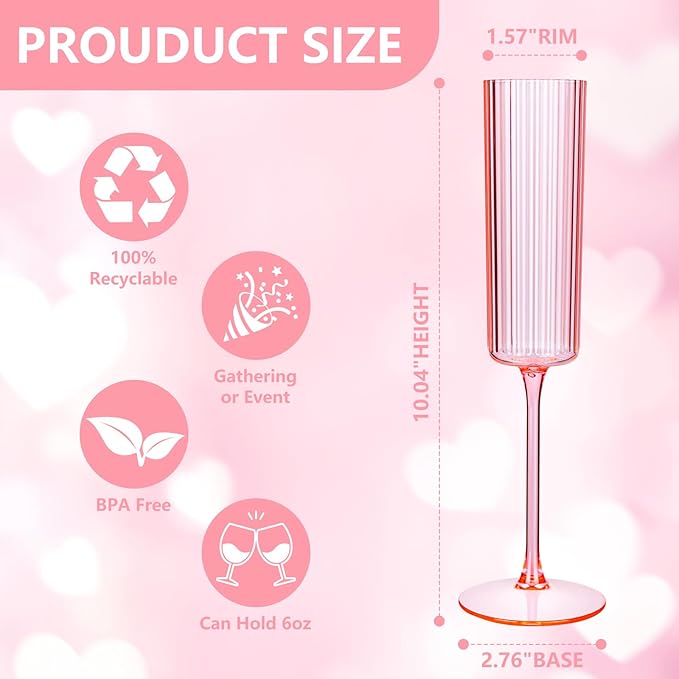 36 Pack Pink Plastic Champagne Flutes - 6oz Ribbed Disposable Champagne Glasses - Clear Pink Vintage Mimosa Glasses with Long Stem Elegant & Lightweight for Valentine's Day Wedding Party