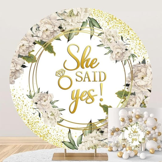 Leyiyi 7.5x7.5ft She Said Yes Round Backdrop Cover Polyester Rustic White Flower Golden Glitter Photography Background Floral Romantic Proposal Wedding Bridal Shower Engagement Party Decoration Banner