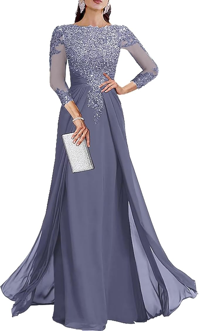 Long Sleeve Mother of The Bride Dresses for Wedding Lace Appliques Chiffon Formal Dress He6052