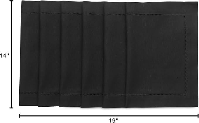 Solino Home Black Placemats Set of 6 - Cotton Linen Hemstitch Placemats 14 x 19 Inch for Winter, Spring, Easter