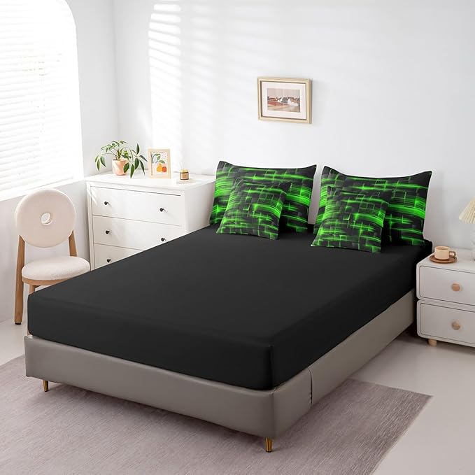 Feelyou Green Black Bedding Set Full Size Boys Girls Geometric Strip Lines Comforter Set with Sheets 7 Piece for Bed in a Bag Abstract Modern Bed Set with Comforter,Sheets,Pillowcases