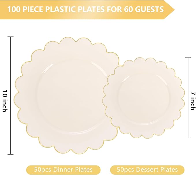 supernal 100pcs Ivory Plastic Plates,Gold Scalloped Disposable Plates,Heavy Duty Plastic Plate Including 50pcs Ivory Dinner & Dessert Plate,Fancy Disposable Platos Perfect for Party,Wedding,Birthday