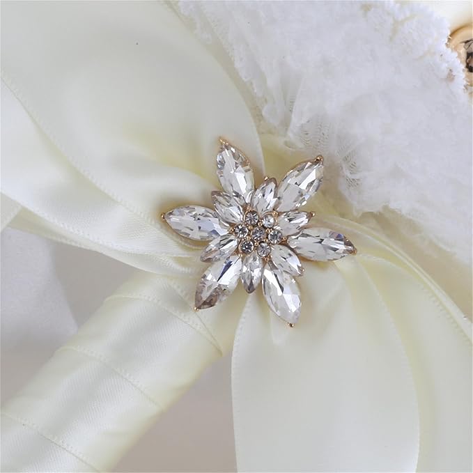 Bridal Wedding Bouquet for Bride Bridesmaid Wedding Quinceanera Throw Toss Artificial Rose Flower Bunch with Bling Brooch (66#Ivory, Medium (Dia. 8.7"/22cm))