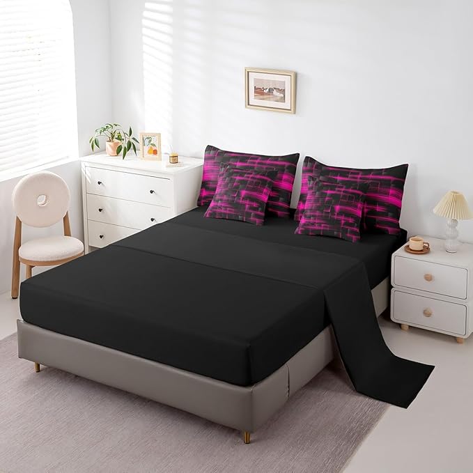 Feelyou Rose Red Black Bedding Set Twin Size Boys Girls Geometric Strip Lines Comforter Set with Sheets 7 Piece for Bed in a Bag Abstract Modern Bed Set with Comforter,Sheets,Pillowcases