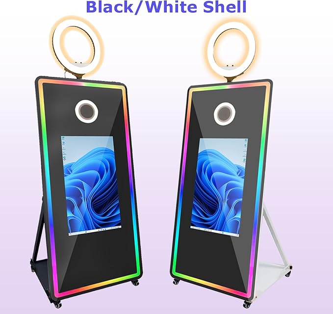 Photo Booth with Printer 32-inch Interactive Touch Screen Magic Mirror Photo Booth LED Photobooth Machine Built-in Mini PC Selfie Ring Lights Instant Printing for Party Events Rental Wedding