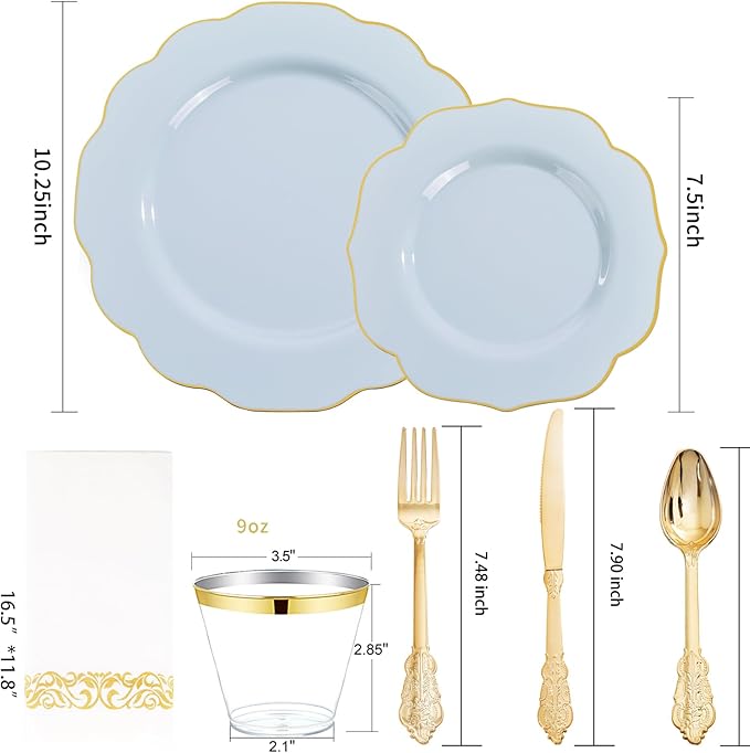 NOCCUR 175PCS Blue Plastic Plates with Gold Disposable Silverware - Include 50 Light Blue and Gold Plastic Plates,25 Knives,25 Forks,25 Spoons,25 Cups and 25 Napkins - Ideal for Shower/Spring Party