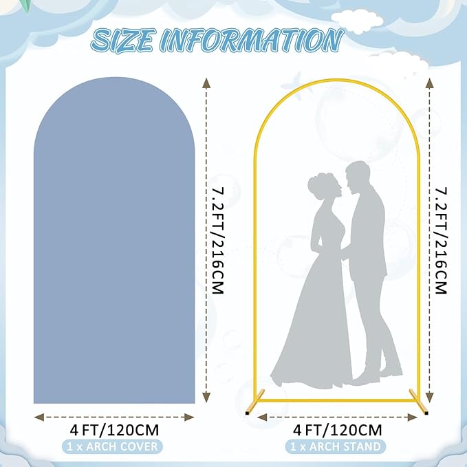 7.2FT Metal Arch Backdrop Stand with Dusty Blue Arch Cover Balloon Arched Frame Spandex Arched Backdrop Stands Cover Wedding Arch Stand and Cover Set for Bridal Baby Shower Birthday Party Prom Decor