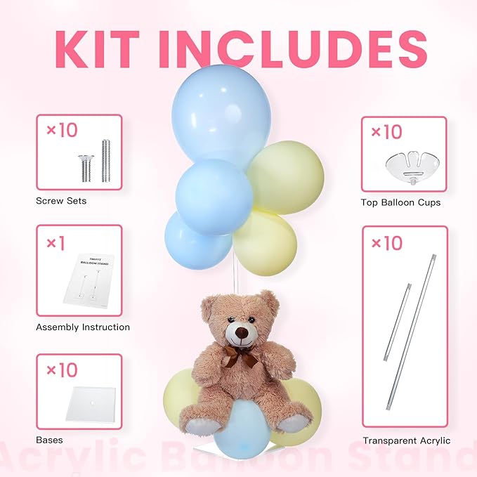 TEKXYZ Clear Acrylic Balloon Stands for Table, Adjustable Height 15.75 Inch, 23.6 Inch, 31.5 Inch Reusable Balloon centerpieces for Tables, for Wedding, Birthdays Table& Floor Decor (Set of 10)