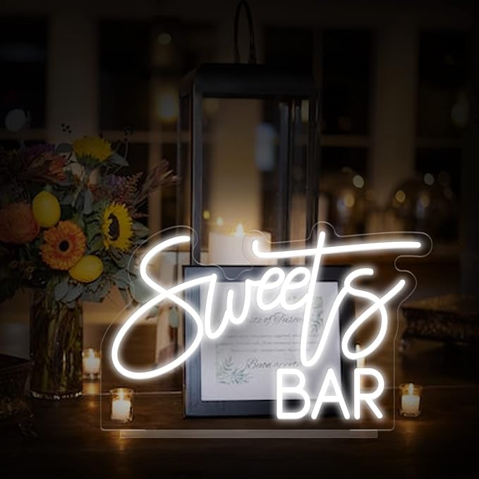 Sweet Bar Neon Sign, Handmade White LED Neon Light with Stand for Wedding Reception, Baby Shower, Home Mimosa Candy Buffet, Birthday Party, Dessert Table Sign - 15''