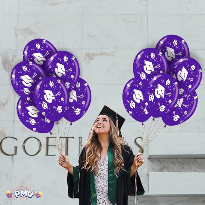 PMU 100 Pcs Purple Graduation Balloons Class of 2025 with All-Over Print White Grad Caps-Confetti and Streamers | Graduation Party Supplies | Congratulations Grad Latex Balloons Latex