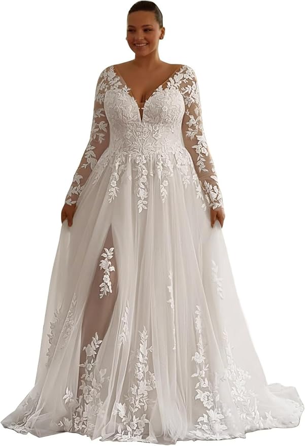 Plus Size Wedding Dresses for Bride Long Sleeve Wedding Bridal Gowns with Lace Appliques Off Shoulder Bride Dress