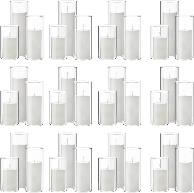 Shihanee Set of 36 Pillar Candles and Glass Cylinder Vases Clear Cylinder Holders for Slim Pillar Candles Wedding Centerpieces(2.6'' X 4.7'', 5.9'', 7.9'',White)