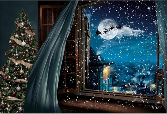 Christmas Backdrop 10x7ft Christmas Window Snowy Scene Photography Backdrop Xmas Tree Snow Background Merry Christmas Happy New Year Party Decoration Banner Portrait Photoshoot Studio Props