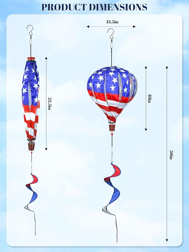 2PCS Giant Patriotic Hot Air Balloon Wind Spinners 14" W x 59" H Large American Whirligig Wind Spinner Hanging Ornaments for Memorial Day July of 4th Yard Garden Lawn Outdoor Decorations