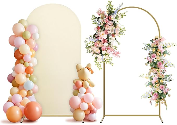 Arch Backdrop Stand and Cover Set, Metal Balloon Arch Backdrop 6ft, Gold Arched Stand Frame for Wedding, Parties,Birthday, Backdrop Decorations (Beige,6ft)