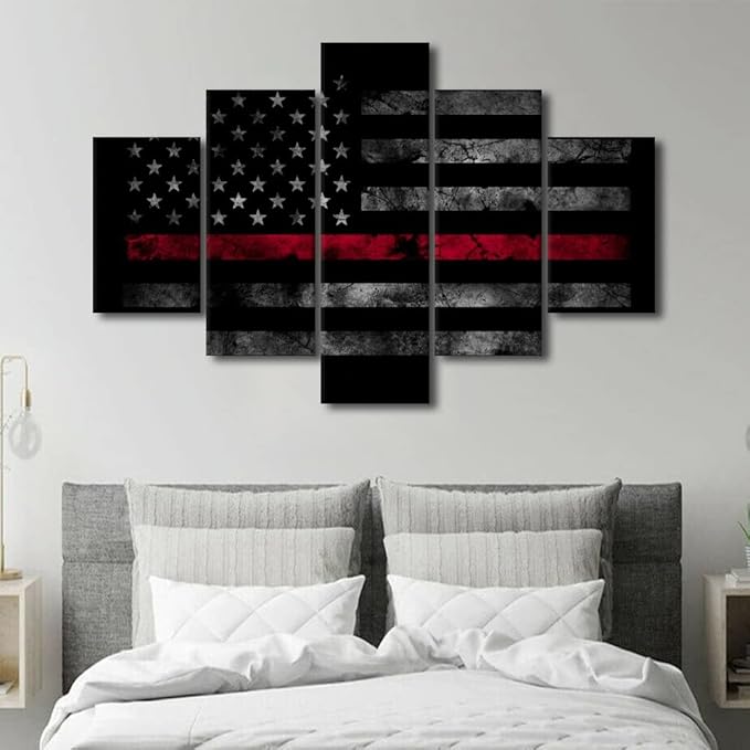 5 Pieces American Flag Wall Art Pictures for Home Decor Black White and Red US Flag Painting on Canvas Poster Print Modern Artwork for Living Room Office Decorative Framed Ready to Hang 60x40 in
