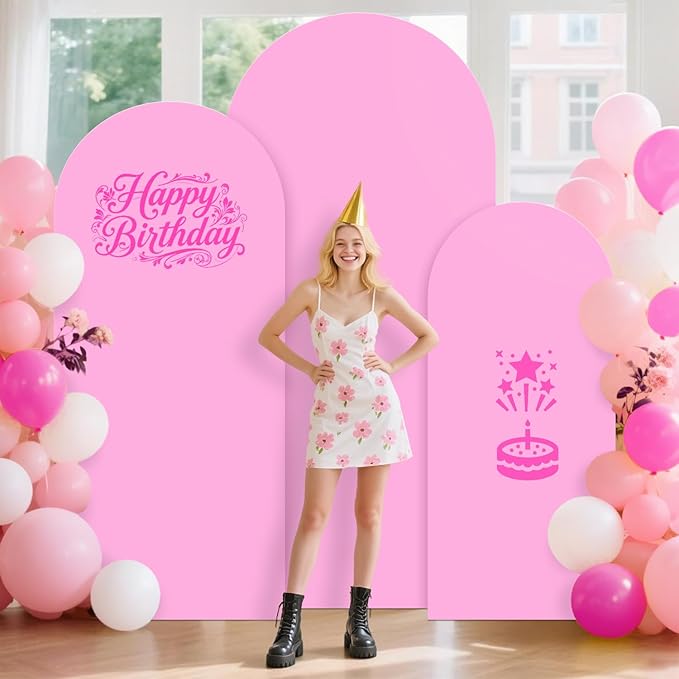 Arch Backdrop Stand and Cover Set 6FT/5FT/4FT Pink Spandex Fitted Arch Stand Cover Metal Chiara Arched Frame Backdrop Set of 3 for Birthday Party Baby Shower Graduation Ceremony Decorations