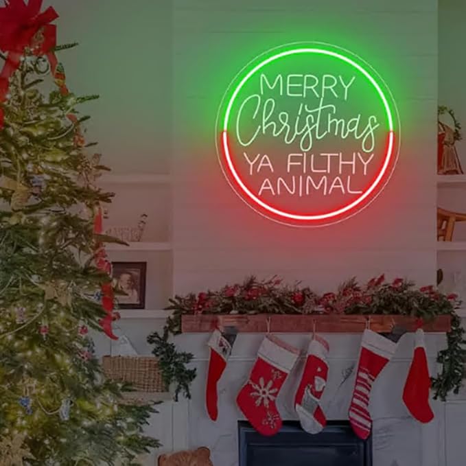 Merry Christmas Ya Filthy Animal Neon Sign, Christmas USB Neon Light Sign For Home Room Party Decor,Size:18 x 18 inches