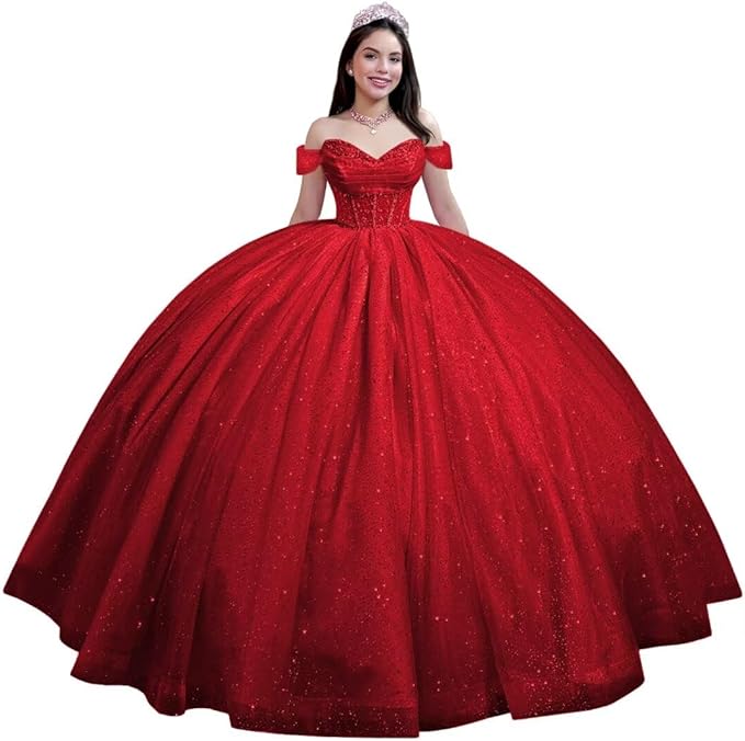 Youjiayi Glitter Tulle Quinceanera Dresses with Train Off Shoulder Beaded Sweet 16 Dresses Pleated Long Ball Gown for Women