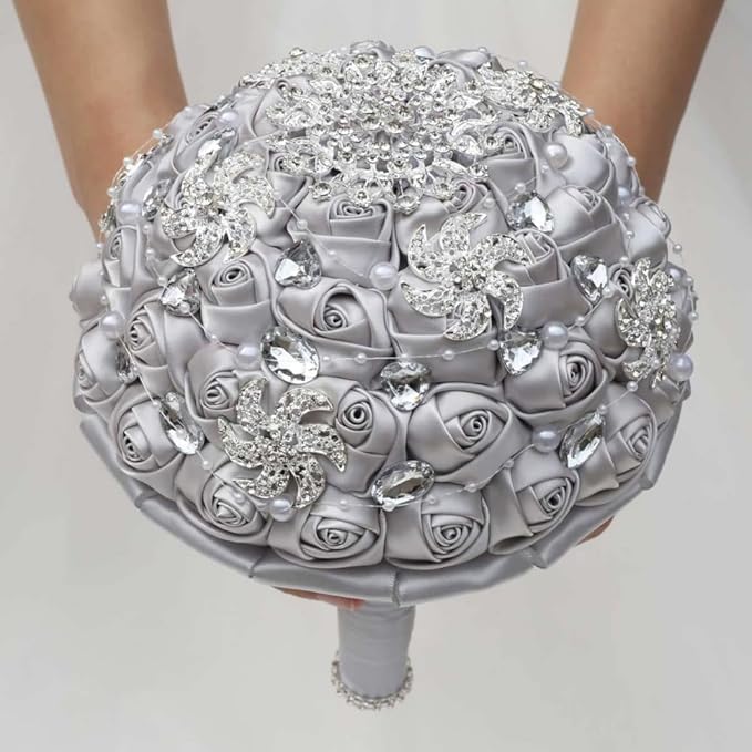 Silver Bridal Wedding Bouquet Handmade Luxury Rhinestone Brooch Pearl Bouquet for Bride Bridesmaid Quinceanera Satin Rose Artificial Flower Bouquet Wedding Silver 7.1in