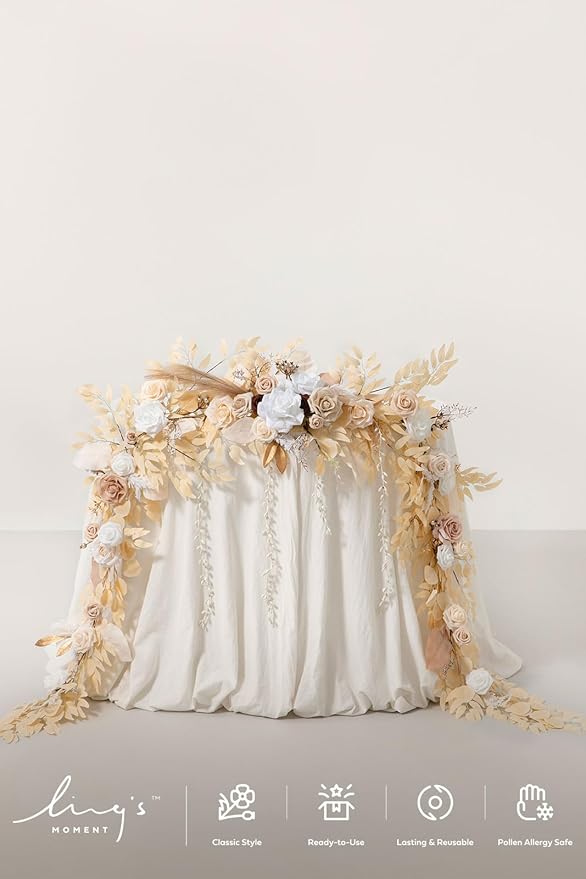 Ling's Moment 9FT Flower Garland for Backdrop Decorations - Wedding Arch Flowers, Eucalyptus & Rose, Artificial Floral Garland for Mantel - Sweetheart Table Decor for Ceremony Reception, White & Beige