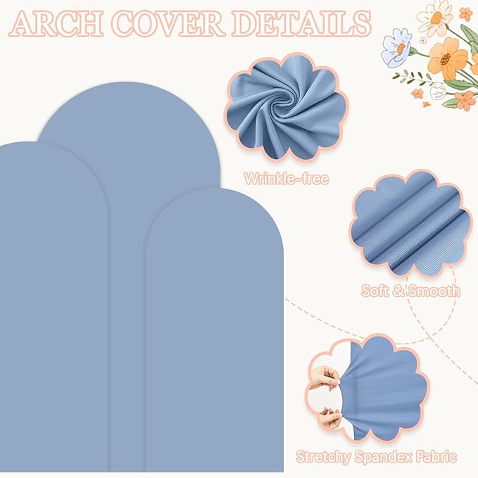 Weding Arch Backdrop Stand and Dusty Blue Cover Set 6FT, 5FT, 4FT Metal Arch Stand with Cover Set of 3 Wedding Arch Frame and Arch Stand Cover for Wedding Ceremony Birthday Party Baby Sower