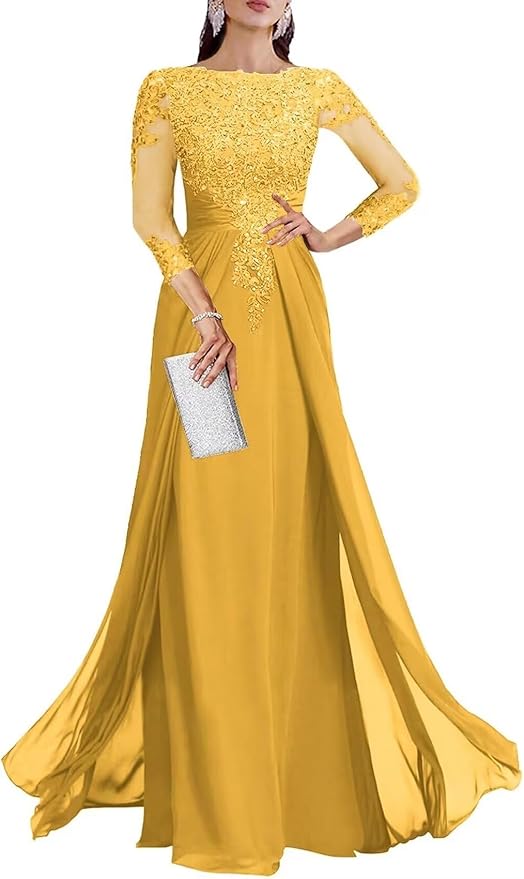 Long Sleeve Mother of The Bride Dresses for Wedding Lace Appliques Chiffon Formal Dress He6052
