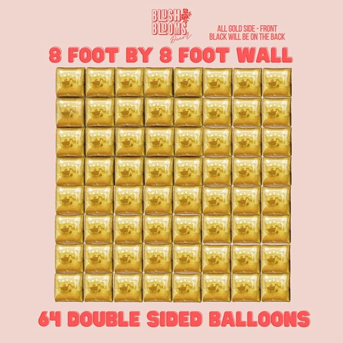 Black and Gold Foil Balloon Wall (64 Pack) | 8 Foot by 8 Foot Balloon Wall | Weddings, Birthdays, Showers, Parties, and Events (Black and Gold)
