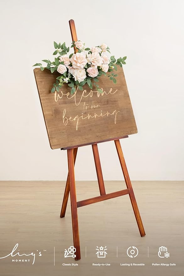 Ling's Moment 2pcs Wedding Floral Swag Welcome Sign Artificial Flowers Backdrop Garland Blush & Cream Ceremony Reception Wall Home Decorations Entryway Faux Outdoor Board Head Table Decor